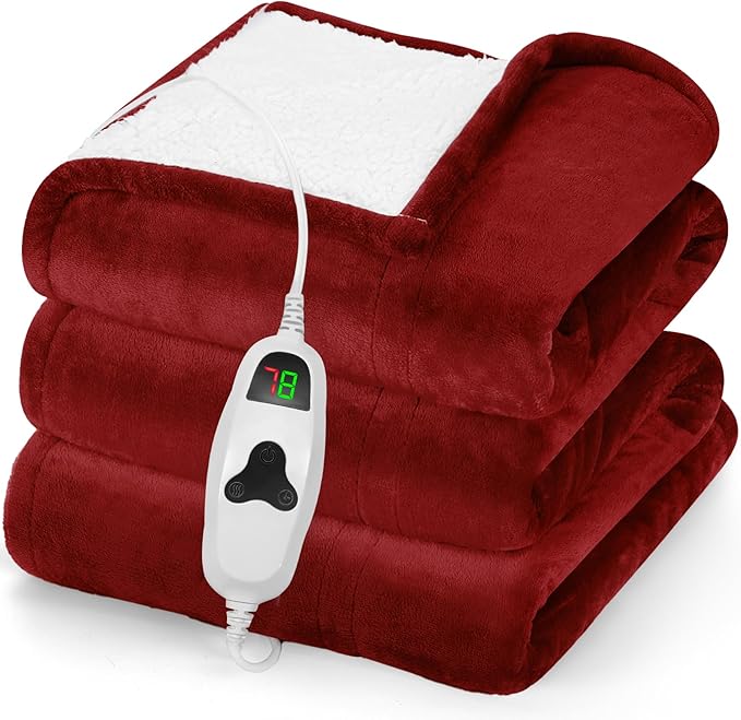greenoak Heated Blanket Electric Throw 50"X60", Heating Blanket with 10 Heat Levels 1/2/4/6/8 Hours Auto-Off Overheat Protection, Flannel Sherpa Soft Warm Heater Blanket, ETL Certified Red