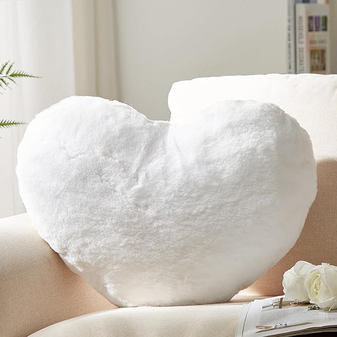 YRXRUS Valentines Heart Pillows, Love Heart Shaped Pillow, White Cute Heart Pillow for Gifts, Shaped Throw Pillows for Her, Kids, Women, Girls Home Decoration, Faux Rabbit Fur 10X11 Inch