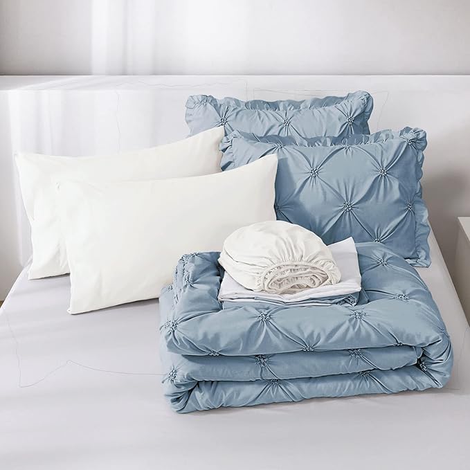 JOLLYVOGUE Queen Comforter Set 7 Pieces, Light Blue/Ivory Bed in a Bag Comforter Set for Bedroom, Bedding Comforter Sets with Comforter, Sheets,Ruffled Shams & Pillowcases