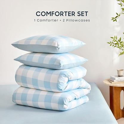 Wake In Cloud - Gingham Comforter Set, Plaid Buffalo Check Checkered Cottagecore Cute Geometric, Soft Lightweight Bedding, 3 Pieces, Light Blue White, Full Size