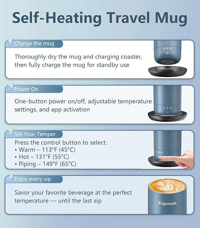 Kepwam T3 Self-Heating Travel Mug 20oz, Temperature-Controlled Coffee Warmer Mug, Smart Travel Coffee Mug Keep Coffee Drinks Hot, Heated Mug Great for Driver Outdoor Fits Car Cup Holders