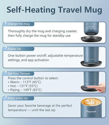 Kepwam T3 Self-Heating Travel Mug 20oz, Temperature-Controlled Coffee Warmer Mug, Smart Travel Coffee Mug Keep Coffee Drinks Hot, Heated Mug Great for Driver Outdoor Fits Car Cup Holders