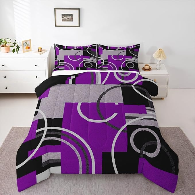 Erosebridal Abstract Stripes Swirls Comforter Set Modern Purple White Quilt Set Geometric Circles Lines Bedding Set Chic Black Grey Duvet Insert Graphic Simple Style Soft Bedding Comforter Sets Full
