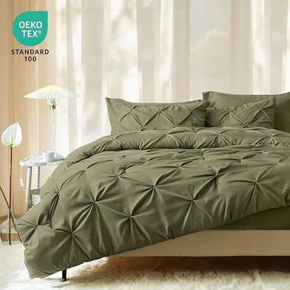 JOLLYVOGUE King Size Comforter Set 7 Pieces - Bed in a Bag King for All Season, Pintuck Bedding Comforter Sets with Comforter, Flat Sheet, Fitted Sheet and Pillowcases & Shams, Olive Green
