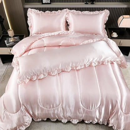 Satin King Comforter Set Silk Like Satin Bedding Set 4 Pcs Hotel Soft Polyester Pink Bed Set Luxury Silky Body Pillow Cover Ruffle Down Comforter Home Decor