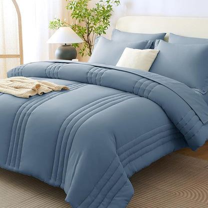 CozyLux Queen Comforter Set - 7 Pieces Bed in a Bag Grayish Blue Comforter Set with Sheets Luxury Bed Set All Seasons, Soft Bedding Set with Down Alternative Comforter, Sheets, Pillowcases & Shams