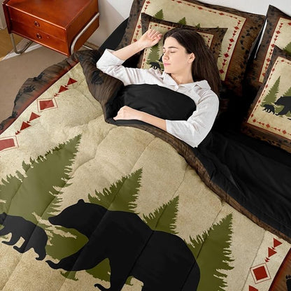 Erosebridal Bear 7 Piece Comforter Set Full Bed in A Bag Rustic Farmhouse Wildlife Comforter Wild Animals Bedding Set Country Cabin Lodge Decor Nature Woodland Bear Paw Print Sheet Set Brown Green