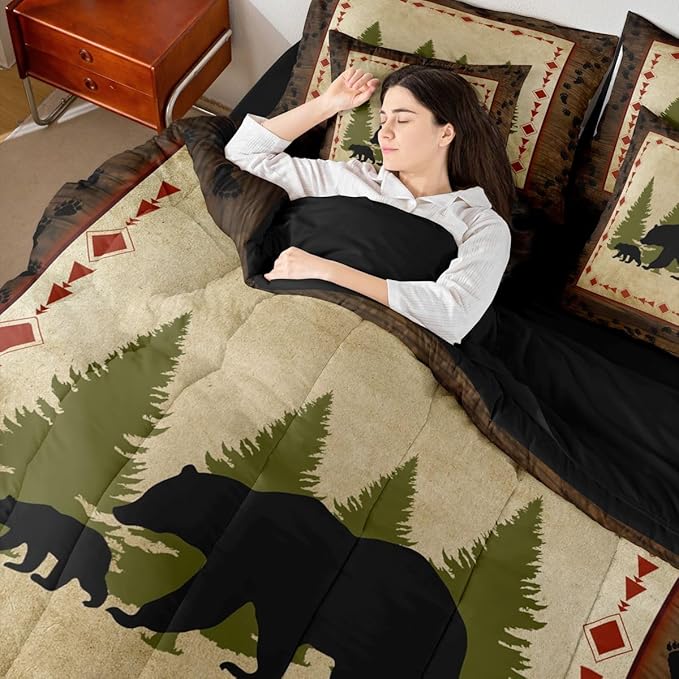 Erosebridal Bear 7 Piece Comforter Set Twin Bed in A Bag Rustic Farmhouse Wildlife Comforter Wild Animals Bedding Set Country Cabin Lodge Decor Nature Woodland Bear Paw Print Sheet Set Brown Green