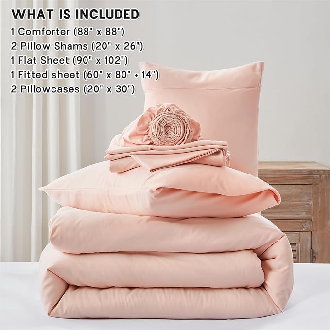 Anluoer Pink Queen Comforter Set 7 Pieces, Bed in a Bag with Sheets, All Season Bedding Sets with 1 Comforter, 2 Pillow Shams, 2 Pillowcases, 1 Flat Sheet, 1 Fitted Sheet