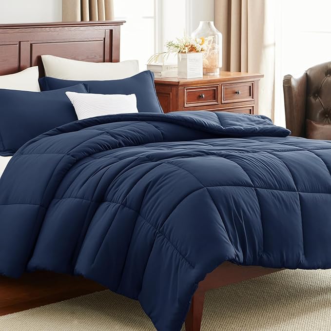 CozyLux Queen Size Comforter Set - Navy Blue Comforter Queen Size, 3 Pieces Box Stitched Bed Set for All Seasons, Soft Lightweight Bedding Sets with 1 Down Alternative Comforter and 2 Pillow Shams