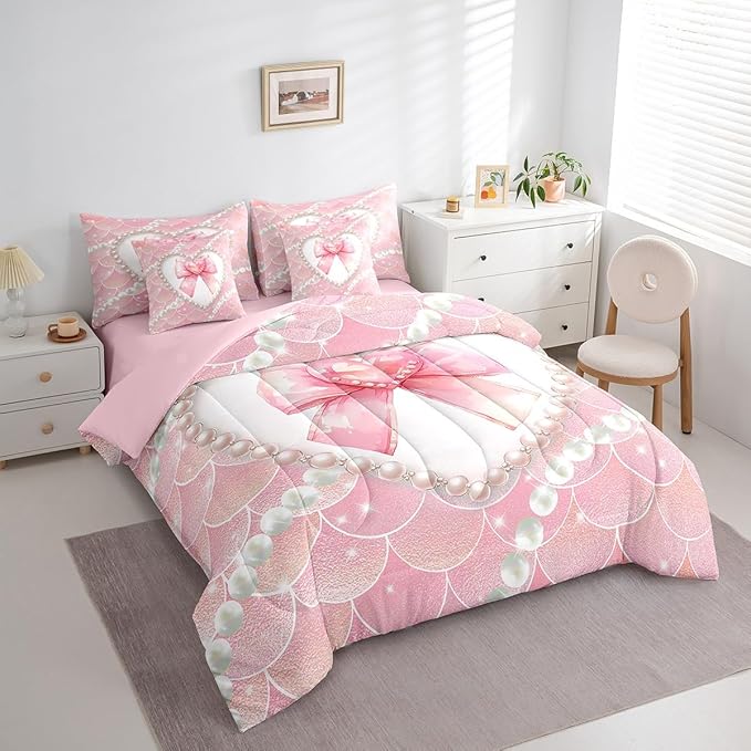 jejeloiu Girls Pink Bowknot 7 Piece Bedding Set King Size White Pearl Comforter Set with Sheets for Kids Women Glitter Mermaid Bed in a Bag Princess Style Bed Set