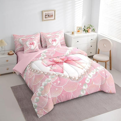 jejeloiu Girls Pink Bowknot 7 Piece Bedding Set King Size White Pearl Comforter Set with Sheets for Kids Women Glitter Mermaid Bed in a Bag Princess Style Bed Set