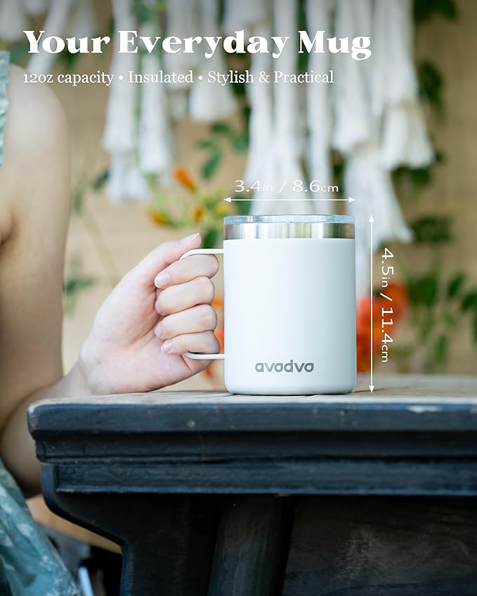12oz Insulated Coffee Mug with Lid – Includes Two Lids, Stainless Steel Coffee Travel Mug with Handle, Double Wall Vacuum Insulated Camping Mug for Home, Office & Outdoor, White