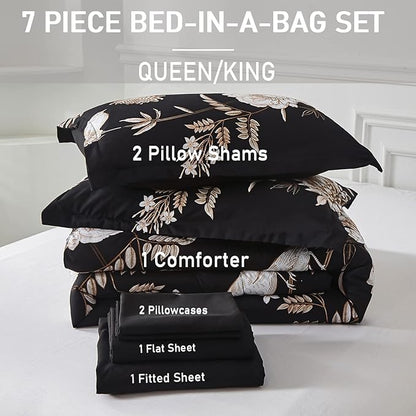 Yogeneg 7 Piece Bed in a Bag Queen Comforter Set Botanical Floral Bedding Set,Flower Leaves Brids Printed on Black Reversible Design,Soft Microfiber Comforter with Sheet Set,All Season(Black B,Queen)