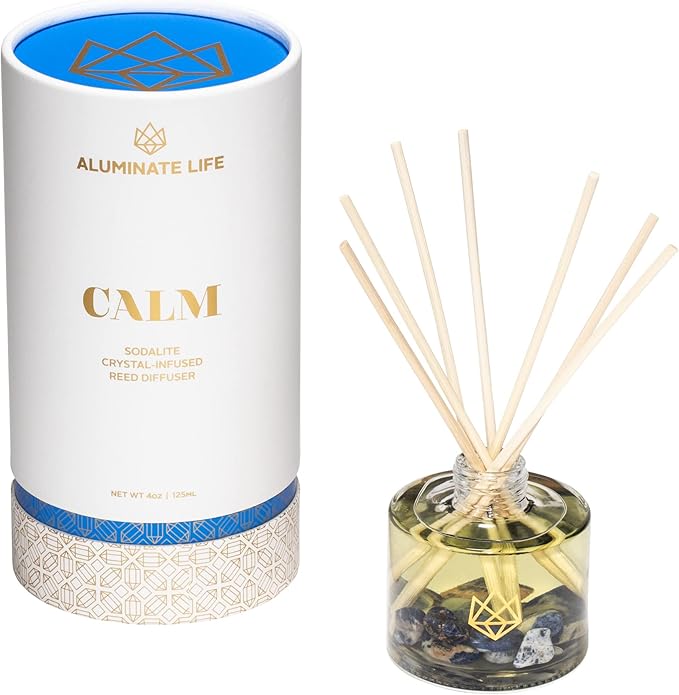 Crystal Infused Reed Diffuser, 4 OZ, Calm - Sodalite Crystal Infused - Scents of Chamomile, Howood, & Sage - Home Decor, House Warming, Room Aesthetic, Stick Perfume, Coffee Table