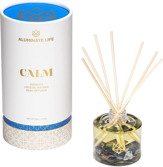 Crystal Infused Reed Diffuser, 4 OZ, Calm - Sodalite Crystal Infused - Scents of Chamomile, Howood, & Sage - Home Decor, House Warming, Room Aesthetic, Stick Perfume, Coffee Table