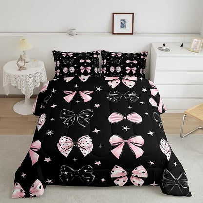 Erosebridal Black Pink Bow Bedding Set Cute Cartoon Bowknot Full Comforter Set for Girls Coquette Butterfly Knot Bedding Comforter Sets for Kids Teen Adults,Princess Style Kawaii Bed Set