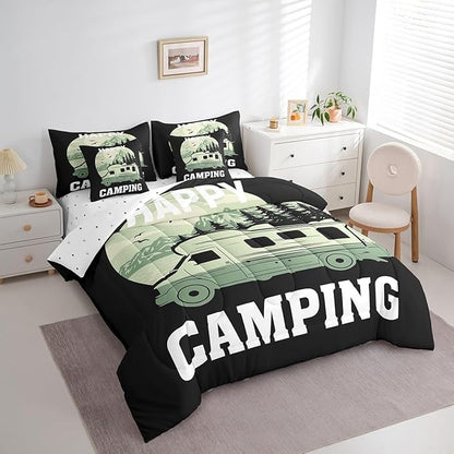 Erosebridal 7Pcs Comforter Set Full Size, Happy Camping Comforter Sets Bed in a Bag with Flat Sheet and Fitted Sheet for Kids and Adults, Rv Camper Bedding Set with Pillowcases & Throw Pillow Covers