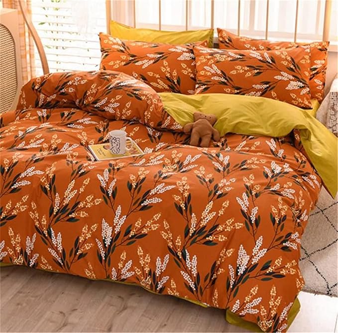 Luxlovery Floral Comforter Set King Botanical Orange Bohemian Bedding Comforter Set Women Girls Vintage Style Blanket Quilts Breathable Modern Rustic Leaves Bedding Set Hotel Quality King Comforter