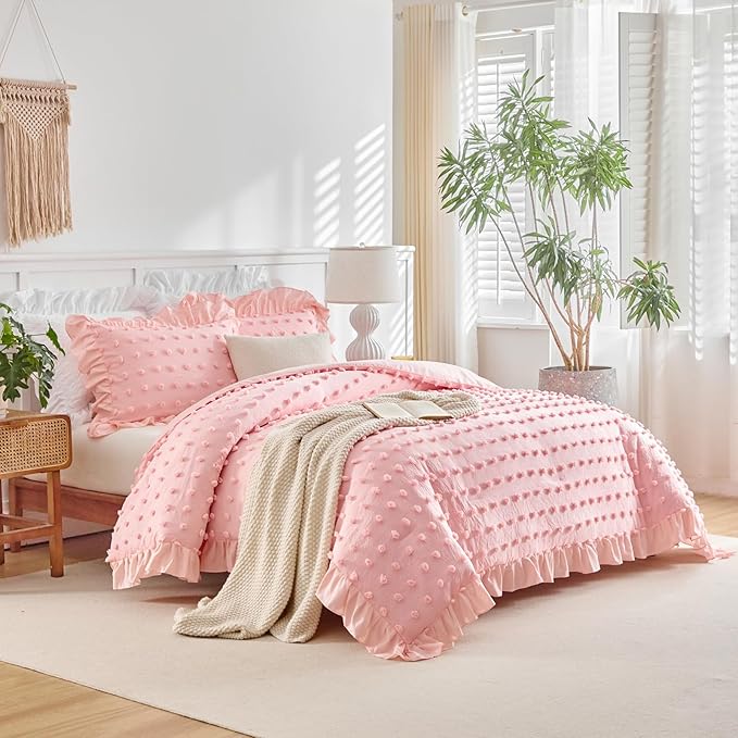 Tufted Dots Ruffle Comforter Set Full/Queen Size, 3 Pieces Pink Vintage Farmhouse Shabby Chic Comforters, Jacquard Boho Bohemian Bedding Set for All Season (1 Ruffled Comforter+ 2 Pillow Shams)