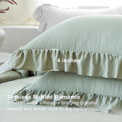 Sage Green Ruffle Comforter Set King, Pre-Washed Shabby Chic Bedding Set, Lightweight Cottagecore Soft Romantic Cozy 1 Comforter & 2 Shams, All-Season