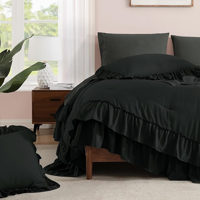 Queen Comforter Set Black, Ruffle Shabby Chic Bedding Set Farmhouse 7 Pieces, All Season Fluffy Bed in a Bag with Sheets, Pillowcases & Shams