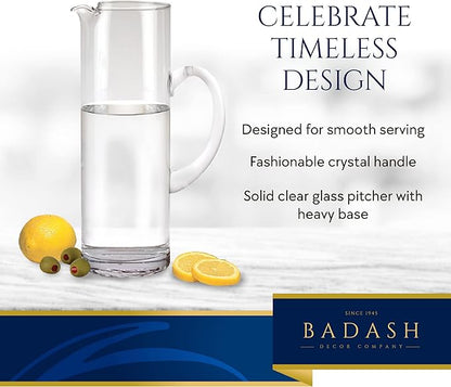 Badash Crystal Glass Pitcher - 9.75” Tall Mouth-Blown Lead-Free Crystal Glass Pitcher - 48 oz. Cocktail Pitcher - Cylinder Pitcher for any Beverage