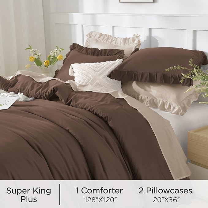 Andency Oversized King Comforter Set 128x120, 3 Pieces Brown Ruffle Shabby Chic Famhouse Bedding Set for Women, Lightweight Fluffy Super King Plus Bed Set for Girls