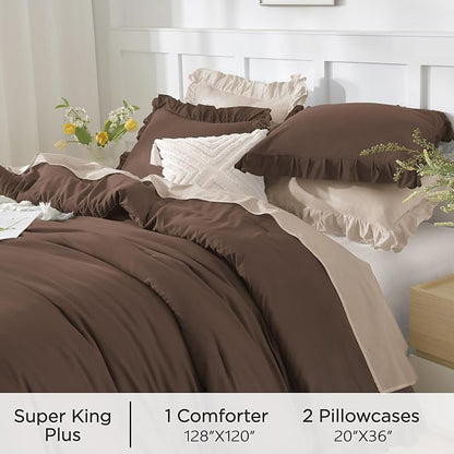 Andency Oversized King Comforter Set 128x120, 3 Pieces Brown Ruffle Shabby Chic Famhouse Bedding Set for Women, Lightweight Fluffy Super King Plus Bed Set for Girls