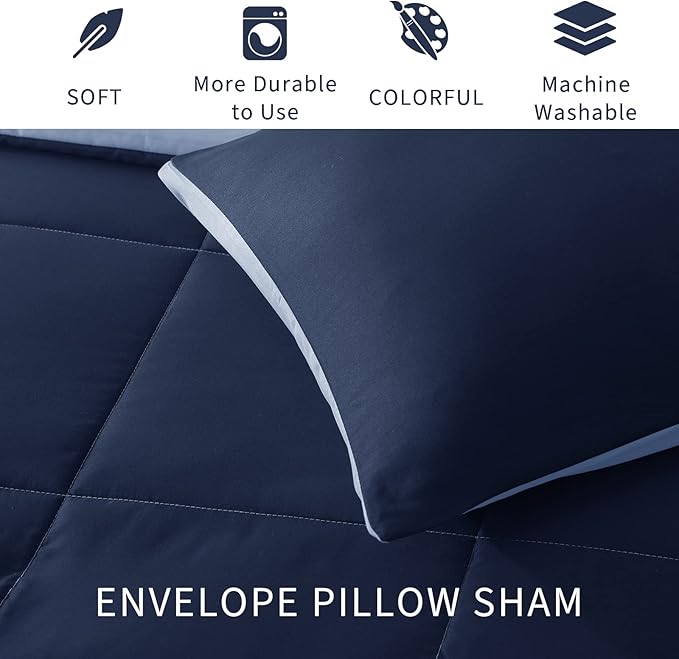Exclusivo Mezcla Lightweight Reversible Full Queen Size Comforter Set, Down Alternative Comforter with 2 Pillow Sham, Full Queen Size Bedding Set for All Seasons, Navy/Blue