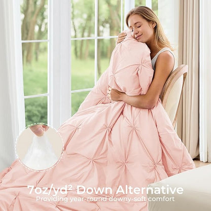 Sasttie Twin XL Comforter Set, 5-Piece Bed in a Bag, Pintuck Bedding Sets for All Season, Includes Comforter, Flat Sheet, Fitted Sheet, Pillowcase and Pillowsham, Blush Pink
