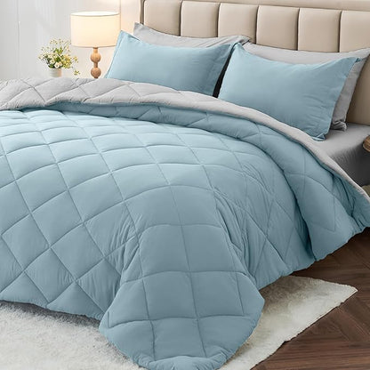 MUXHOMO 7 Pieces Full Comforter Set, Reversible Bed in a Bag Full Size, All Season Bedding Set with Comforter, Flat Sheet, Fitted Sheet, Pillowcases & Shams, Greyish Blue & Light Grey