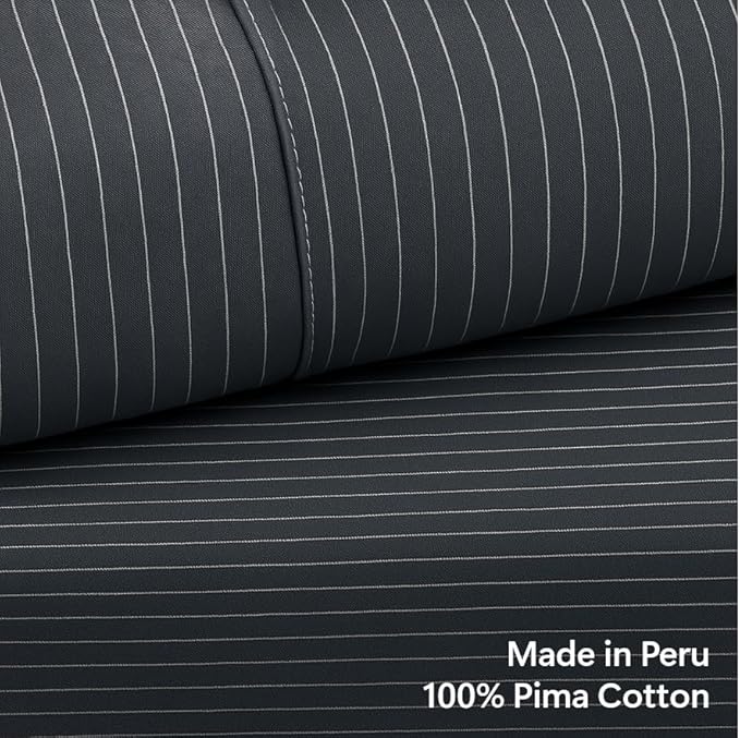 Peru Pima 415 Thread Count Percal California King Sheet Set - 100% Peruvian Pima Cotton, 4 Piece (Flat, Fitted, 2 Pillowcases) - Cooling, Deep Pocket, Hotel Quality Bedding - Pinstripe Grey