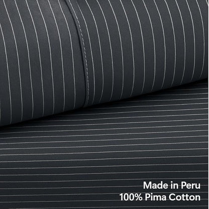 Peru Pima 415 Thread Count Percal California King Sheet Set - 100% Peruvian Pima Cotton, 4 Piece (Flat, Fitted, 2 Pillowcases) - Cooling, Deep Pocket, Hotel Quality Bedding - Pinstripe Grey
