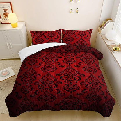 Red Gothic Floral Print Comforter Set Queen Size,Vintage Damask Floral Bedding Set,Bohemian Exotic Printed Quilted Set for Teens Adult,with 1 Comforter and 2 Pillow Case
