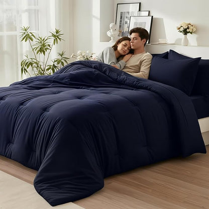 Oversized Queen Comforter Set 7 Pieces - Ultra-Soft Bed in a Bag, Cozy Luxury All Season Bedding Sets with Comforter, Flat Sheet, Fitted Sheet, 2 Pillow Shams & 2 Pillowcases, Navy Blue