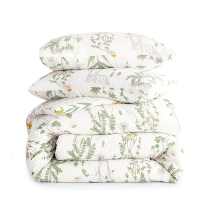 Wake In Cloud - Botanical Comforter Set, 100% Cotton Fabric, Floral Flower Cottagecore Neutral Shabby Chic Coquette Aesthetic, 3 Pieces Bedding Set, Yellow Green, Full Size
