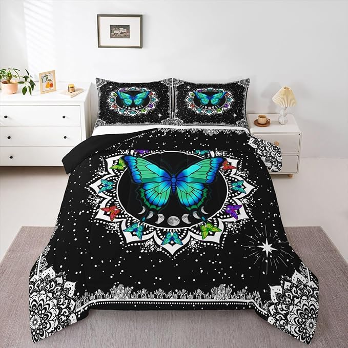 Erosebridal Butterfly Bedding Set Queen Size Galaxy Duvet Set Starry Sky Comforter Sets Boho Colorful Wild Animals Down Comforter for Moth Moon All Season Mandala Black White Duvet Set