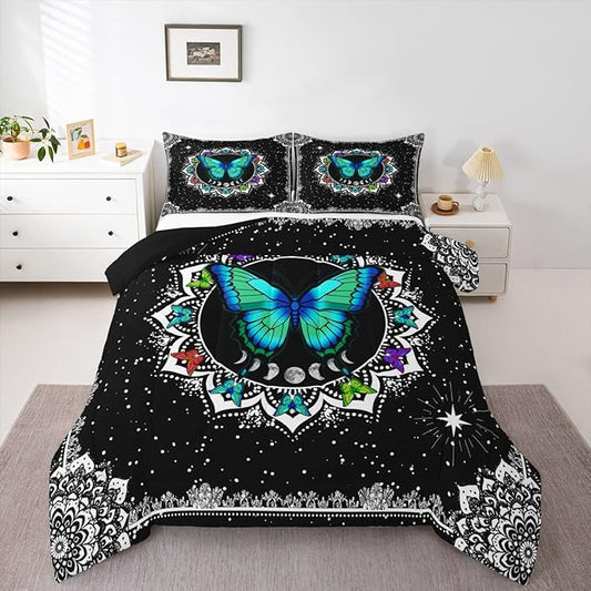 Erosebridal Butterfly Bedding Set Queen Size Galaxy Duvet Set Starry Sky Comforter Sets Boho Colorful Wild Animals Down Comforter for Moth Moon All Season Mandala Black White Duvet Set