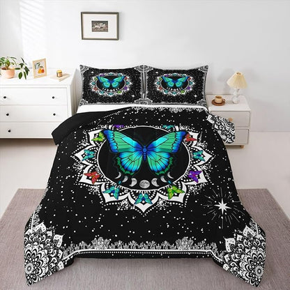Erosebridal Butterfly Bedding Set King Size Galaxy Duvet Set Starry Sky Comforter Sets Boho Colorful Wild Animals Down Comforter for Moth Moon All Season Mandala Black White Duvet Set
