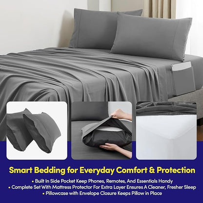 Full Size Comforter Set Quilted Stripe Bedding Bundle – Stylish Set with Comforter, Mattress Protector, Sheet Set & Pillow Shams — Sophisticated Striped Design for Home & Guest Rooms, Black/Charcoal