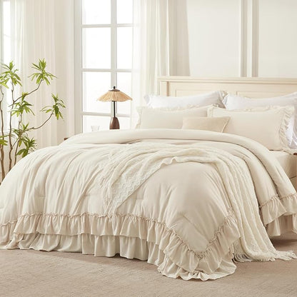Andency Beige Queen Comforter Set, 3 Pieces Soft Lightweight Fluffy Solid Ruffle Bedding Comforter Sets, All Season Farmhouse Shabby Chic Comforter for Queen Size Bed (Beige, 90x90Inch)