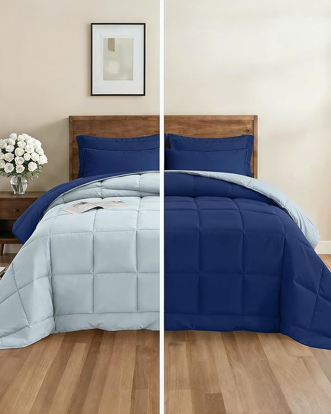 Queen Comforter Set - 7 Piece Bed in a Bag Queen Size Bed Set - Down Alternative Comforter, Flat Sheet, Fitted Sheet, Pillowcase & Shams for All Seasons - Soft, Comfy & Breathable - Navy Blue/Sky Blue