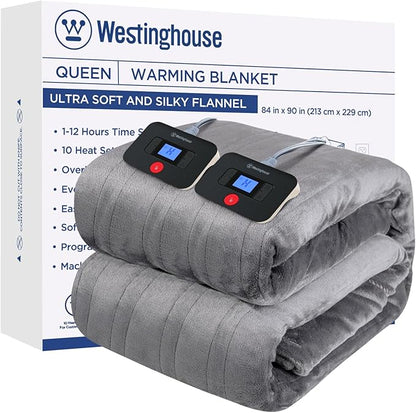 Westinghouse Electric Blanket Queen Size, Super Cozy Soft Flannel 84"" x 90"" Heated Blanket with 10 Fast Heating Levels & 1-12 Auto-Off, Machine Washable, ETL&FCC Certification, Light Grey