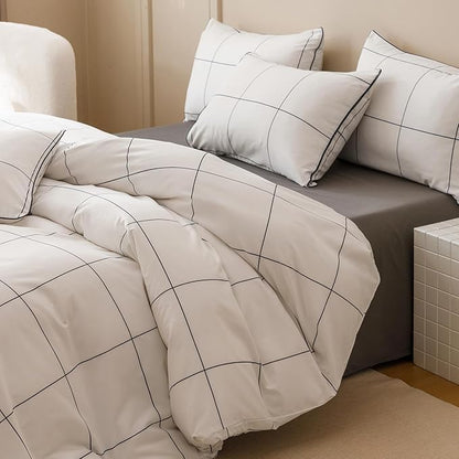 KAREVER White Grid Comforter Twin Boys Grils Black Square Lines Checkered Bedding Set Twin White Plaid Comforter Twin Size
