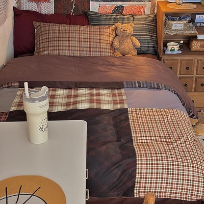 Nayoroom Plaid Comforter Set Queen Size Vintage Brown Patchwork Checkered Comforter 3 Pieces Soft Lightweight Farmhouse Dorm Bedding Set for All Seasons