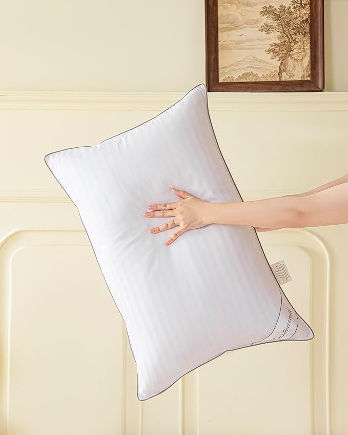 Goose Feather Down Pillow, 100% Cotton Cover Bed Pillow Stripe White Standard (Pack of 2)