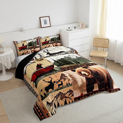 Feelyou Bear Bedding Set Farmhouse Wild Animals Comforter Set for Kids Boys Girls Cute Elk Print Comforter Western Cabin Patchwork Quilt Set Bedroom Collection 3Pcs Full Size