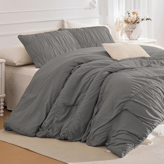 Lady Ann Gray Ruched Comforters Oversized King Size 120x120 Bedding Comforter Sets for Bedroom, 3 Piece Fluffy Boho Bedroom Set with Pillow Shams Soft All Season Bed Sets