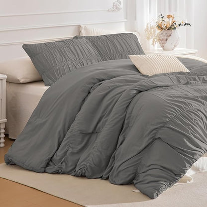 Lady Ann Gray Ruched Comforters Oversized King Size 120x120 Bedding Comforter Sets for Bedroom, 3 Piece Fluffy Boho Bedroom Set with Pillow Shams Soft All Season Bed Sets